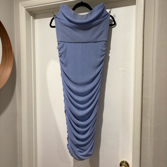 Michael Costello x Revolve India Midi Dress in Periwinkle Strapless Ruched - Picture 2 of 15